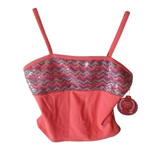 So Coral Chevron Sequin Tankini Swim Top, NWT, Girls Size 10